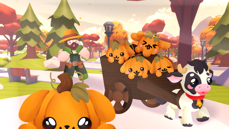 A cart piled with Pupkins, pulled by a Cow through fall-colored Pet City