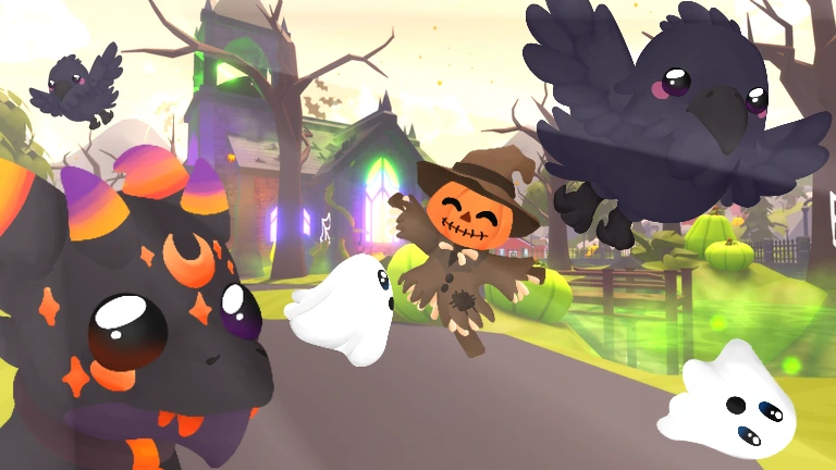 The Hex Dragon, a Scarecrow, Ravens and Ghosts outside a spooky church in the Halloween area