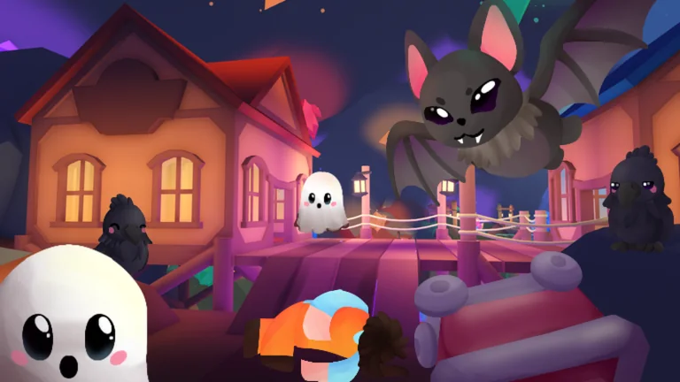 The new Bat flying over a Halloween street at night, with Ghosts and Ravens on the porches