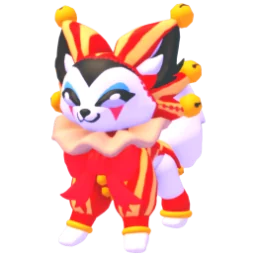 The Jester Fox, a white fox in a red and yellow jester outfit with bells